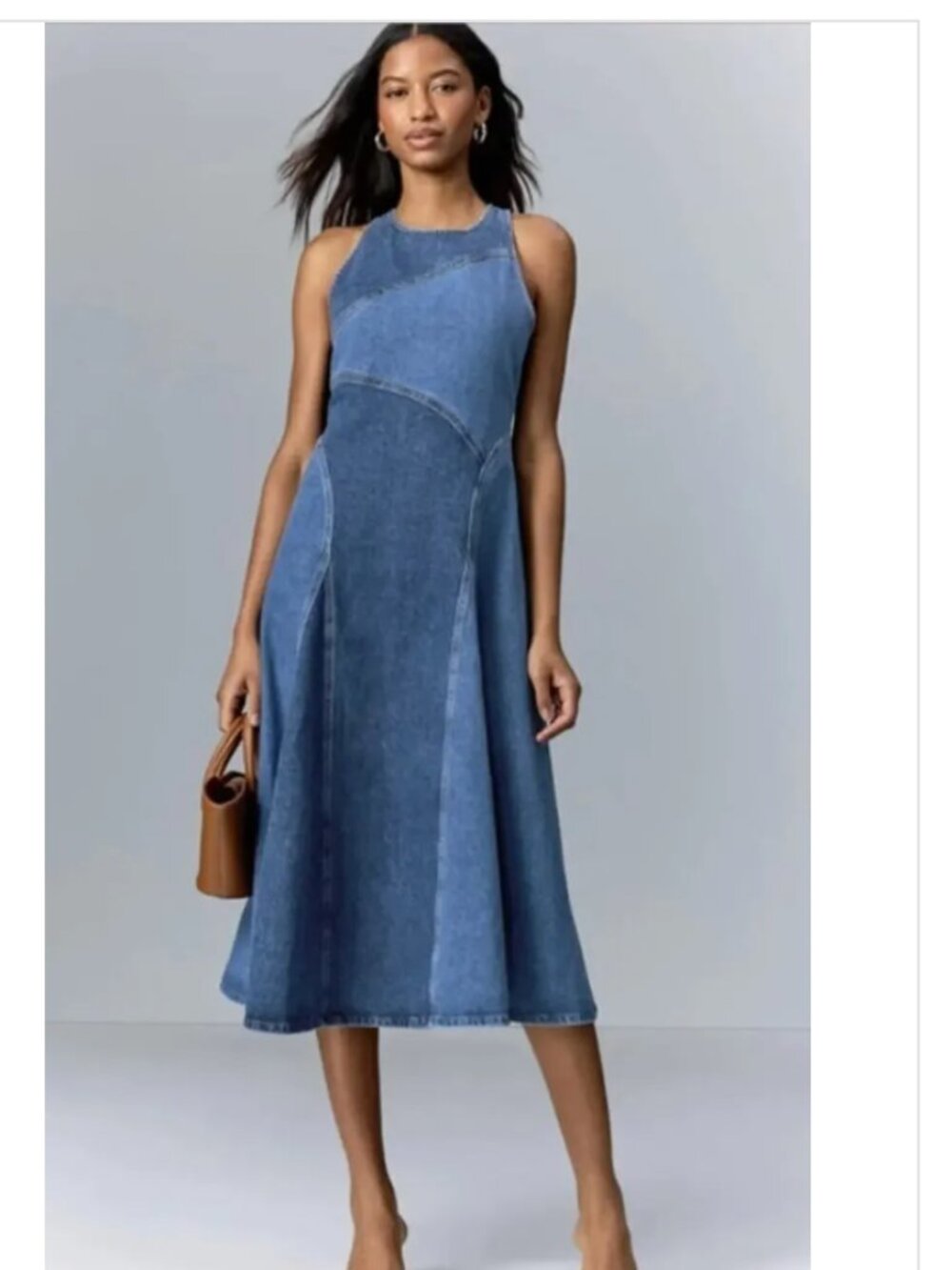 Reiss Wilder Dress Denim Sleeveless Midi Colorblock 0